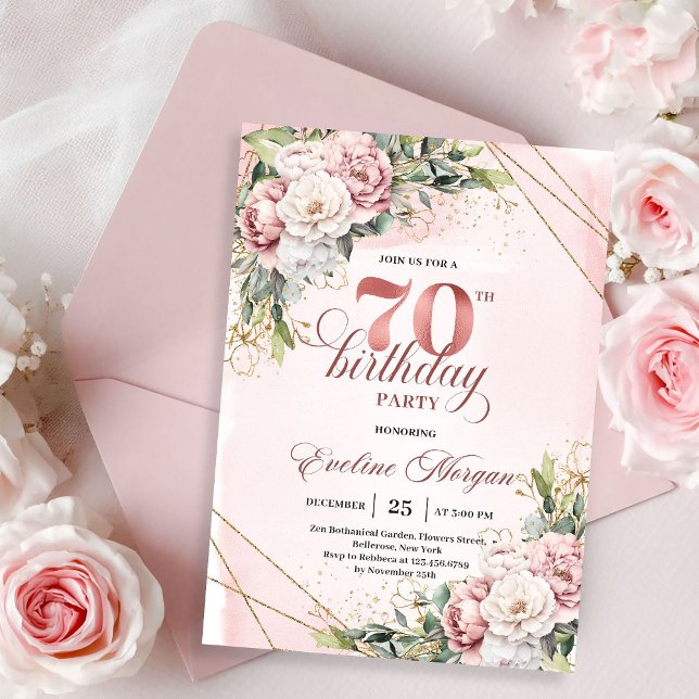 Invitation Artistic Dusty Pink Watercolor Flowers 70 Birthday (Artistic Dusty Pink Watercolor Flowers 70th Birthday Invitation)
