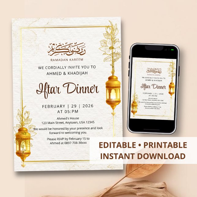 Invitation Artistic Gold Floral Ramadan Iftar Dinner (Créateur téléchargé)
