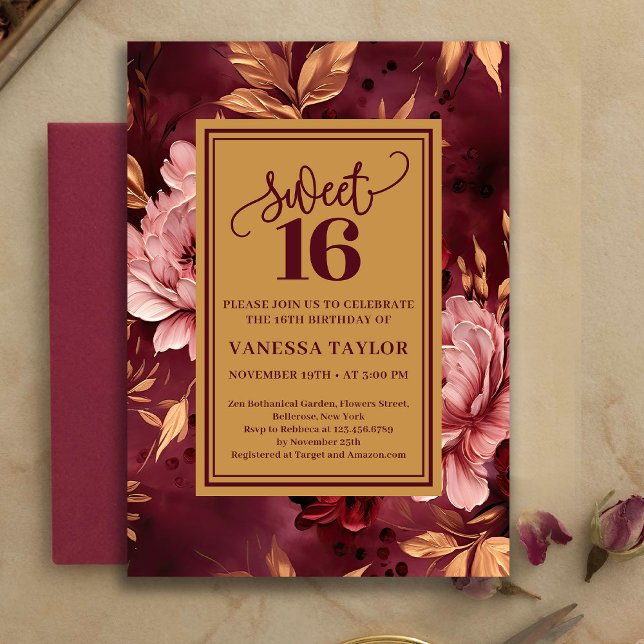 Invitation Artistic Sweet Sixteen Burgundy Blush Watercolor (Artistic Sweet Sixteen Burgundy Blush Watercolor)