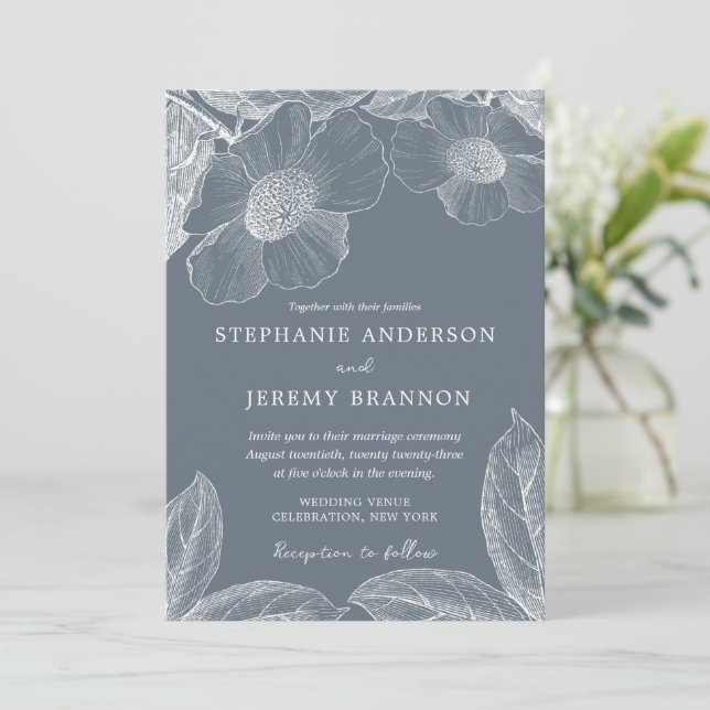 Invitation artistique Dusty Blue Floral Line (Debout devant)
