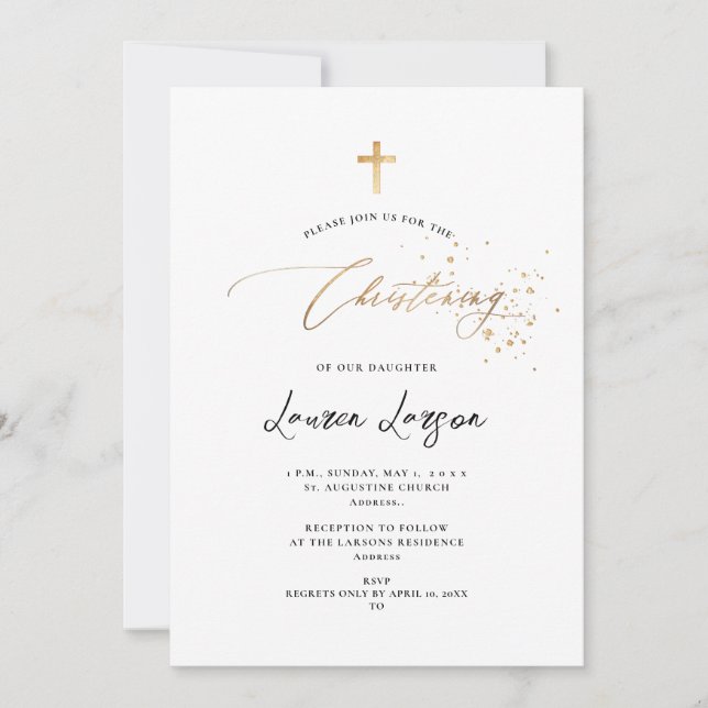 Invitation ArtsApp Elégant Faux Gold Calligraphy Christening (Devant)