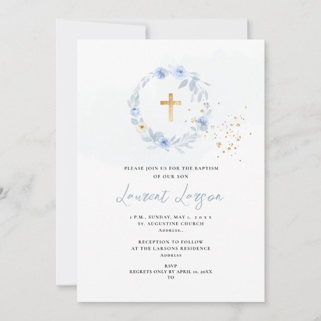 Invitation ArtsApp Elegant H2 Dusty Blue Roses Baptême (Devant)