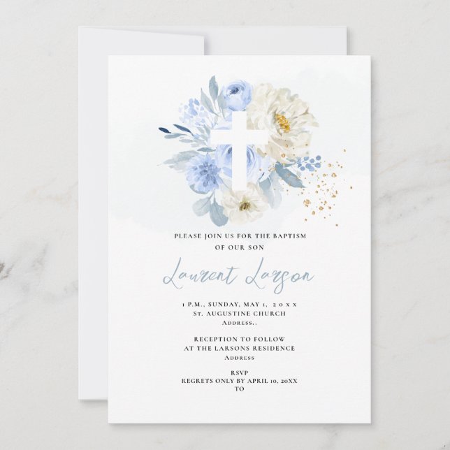 Invitation ArtsApp Elegant H2 Dusty Blue Roses Baptême (Devant)