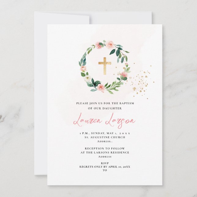 Invitation ArtsApp Élégant H2 rose pâle Roses Baptême (Devant)