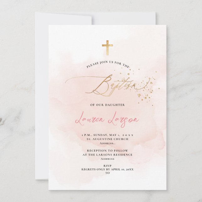 Invitation ArtsApp Élégant H2 Washed Pale Rose Baptême (Devant)