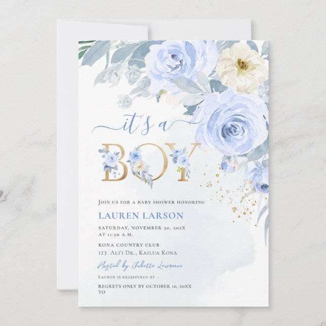 Invitation ArtsApp H2 Baby Blue Rose Baby shower (Devant)