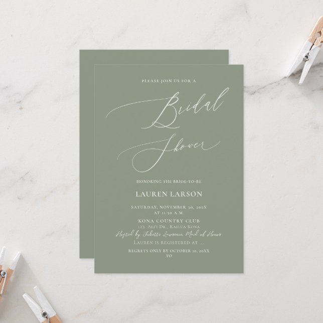 Invitation ArtsApp Olive+Sage Calligraphie Baby Shower de Mar (Devant/Arrière en situation)