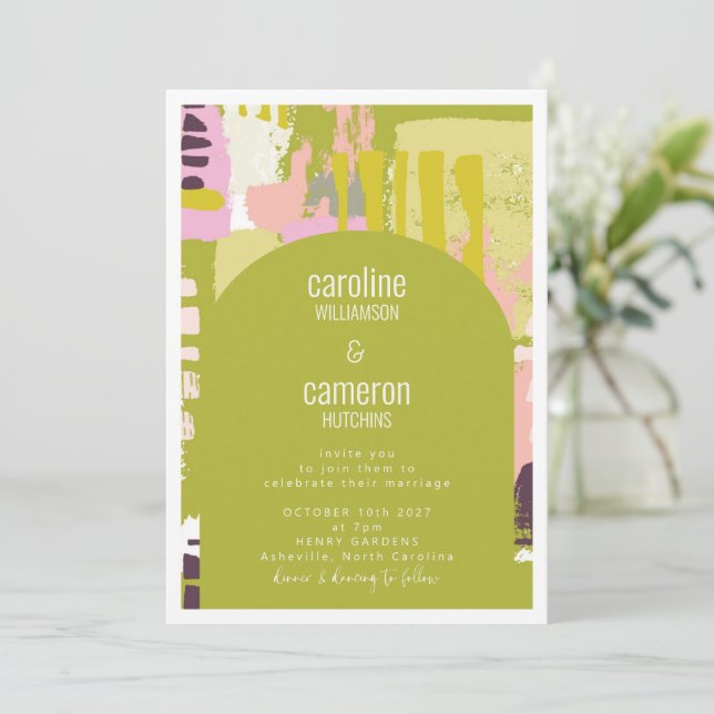Invitation Artsy Abstrait Arch Art Lime Vert rose Mariage (Debout devant)