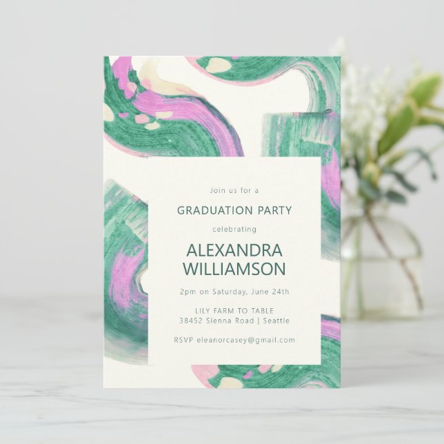 Invitation Artsy Abstrait Green Watercolor Graduation Party (Debout devant)