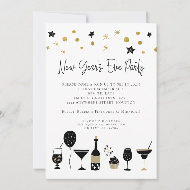 Invitation Artsy Black Gold New Years Eve Party (Devant)