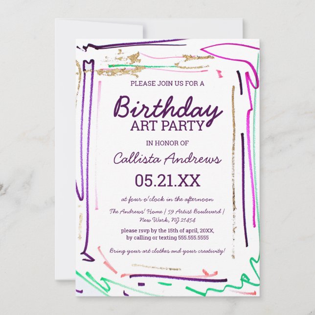 Invitation Artsy Colorful Gold Action Art Party Anniversaire (Devant)