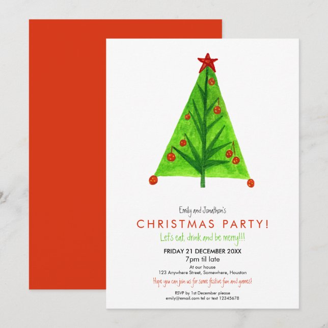 Invitation Artsy Contemporary Christmas Tree Festive Party (Devant / Derrière)