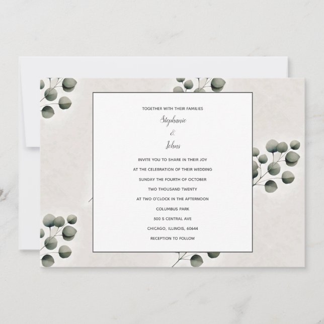 Invitation Artsy Feuille d'Eucalyptus Mariage Motif Vintage (Devant)