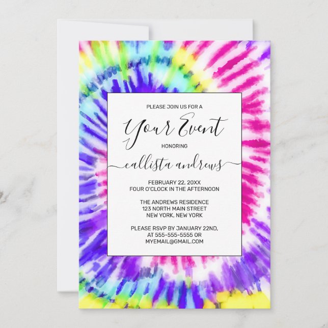 Invitation Artsy Neon Rainbow Tie Dye Motif d'aquarelle (Devant)