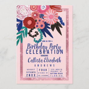 Invitation Artsy Parties scintillant rose bleu floral acryliq