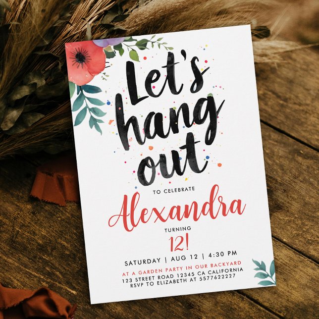 Invitation Artsy Red Green Floral Garden Party Hang Out Typo (Créateur téléchargé)