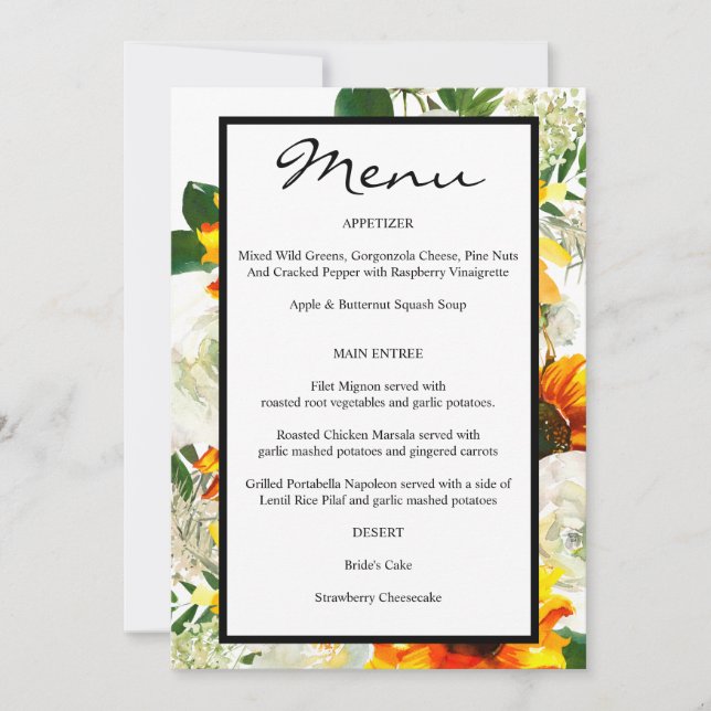 Invitation Artsy Sunflower Floral Menu - Blanc (Devant)