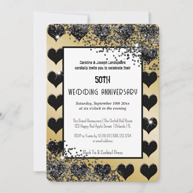 Invitation As de cœur noir et or luxe mariage anniversaire (Devant)