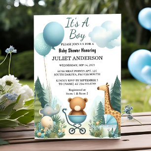 Invitation As Soft Boho Bear Blue Cub Welcome Baby Boy Shoy