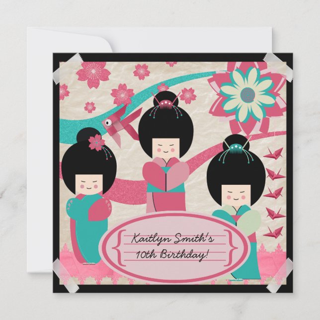 Invitation asiatique d'anniversaire de filles (Devant)