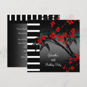 Invitation Asiatique Rouge Floral Noir Blanc Bambou 30e anniv