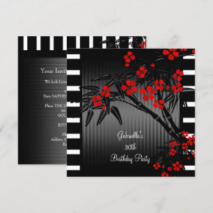 Invitation Asiatique Rouge Floral Noir Blanc Bambou 30e anniv