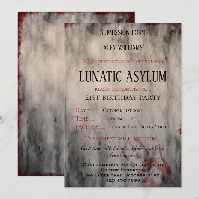 Invitation Asile lunatique fête d'anniversaire (Devant / Derrière)
