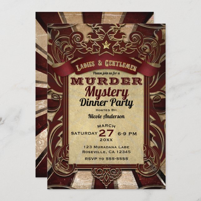 Invitation Assassinat Mystery Diner Party (Devant / Derrière)