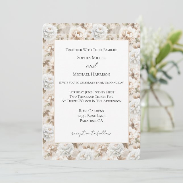Invitation Assez Assez Blanc Mariage Floral Brun (Debout devant)