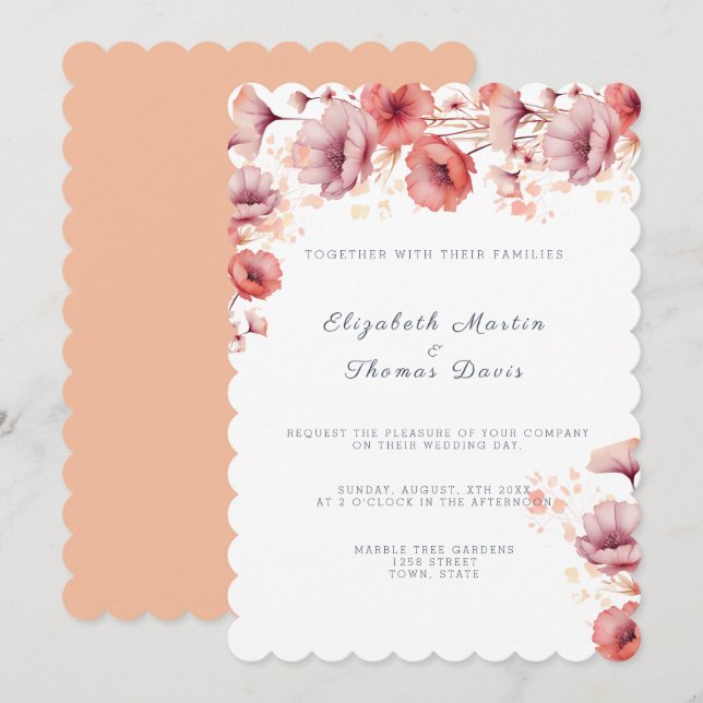 Invitation Assez Rose, Peach Fuzz, Mariage Aquarelle (Devant / Derrière)