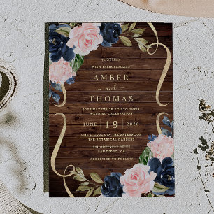 Invitation Assez Rustique Bois Navy Blush Floral Mariage