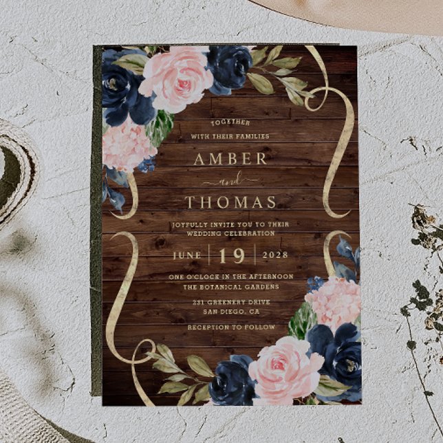 Invitation Assez Rustique Bois Navy Blush Floral Mariage (Créateur téléchargé)