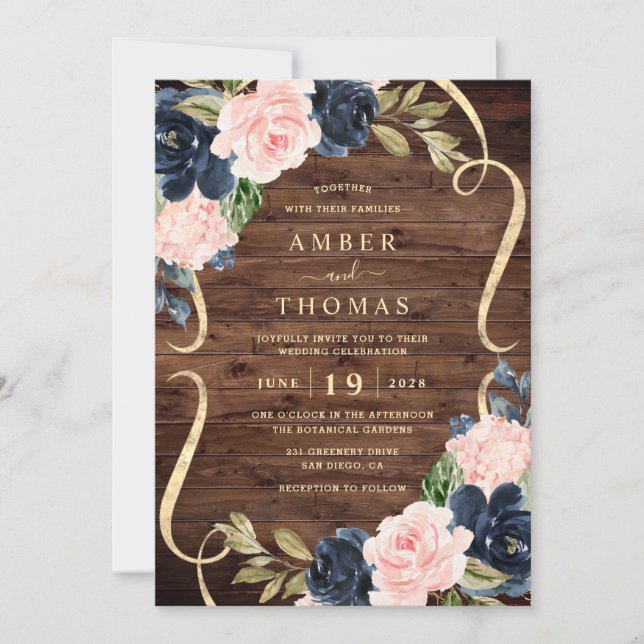Invitation Assez Rustique Bois Rose Navy Fleurs Mariage (Devant)
