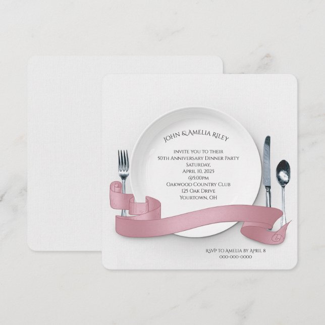 Invitation Assiette blanche avec vaisselle et bannière pour f (Devant / Derrière)