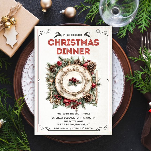 Invitation assiette de dîner de Noël rétro vintage (Créateur téléchargé)