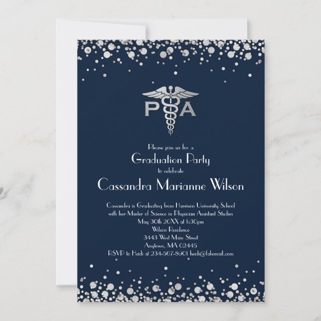 Invitation Assistant de médecin PA Diplômé Bleu marine Argent (Devant)