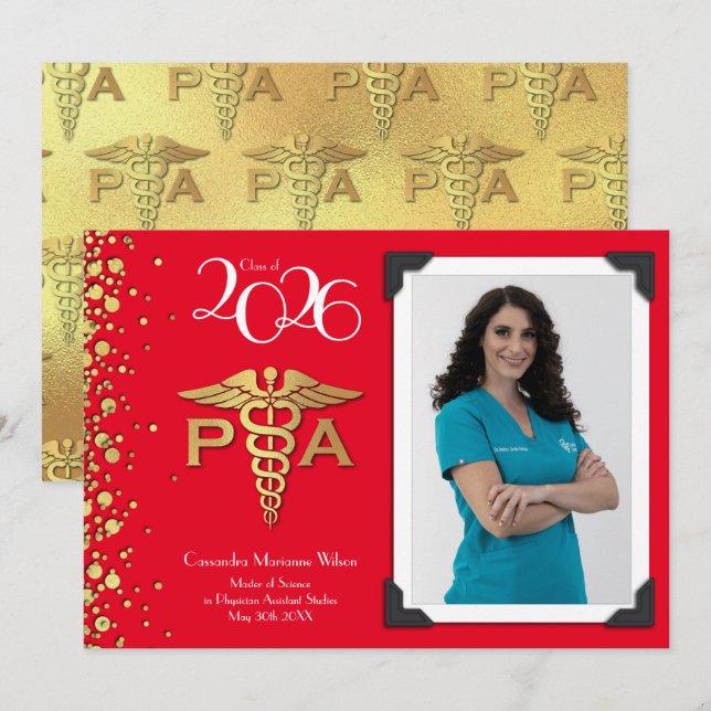Invitation Assistant de médecin PA Diplômé Rouge Or (Devant / Derrière)