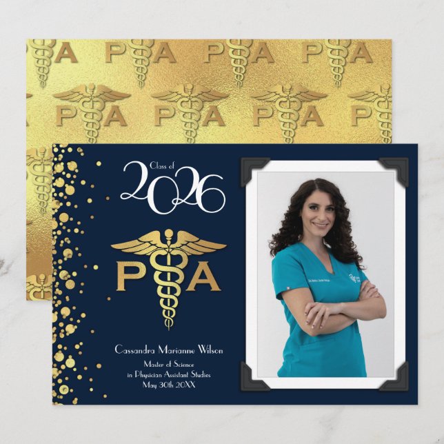 Invitation Assistant de médecin PA Promotion Bleu marine Or (Devant / Derrière)