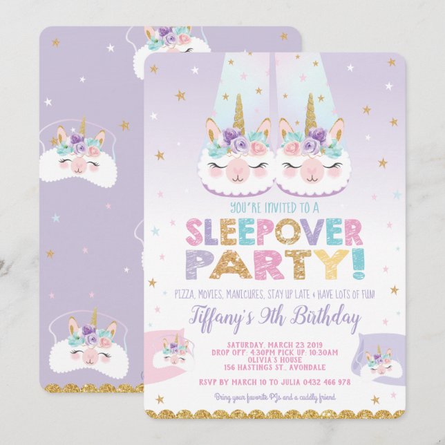 Invitation Assoupissement de fête d'anniversaire de Sleepover (Devant / Derrière)