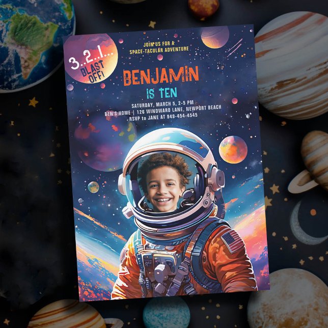 Invitation Astronaut Deep Space Sky Planètes Photo Anniversai (photo astronaut birthday party invitation boy deep space planets stars sky watercolor unique)