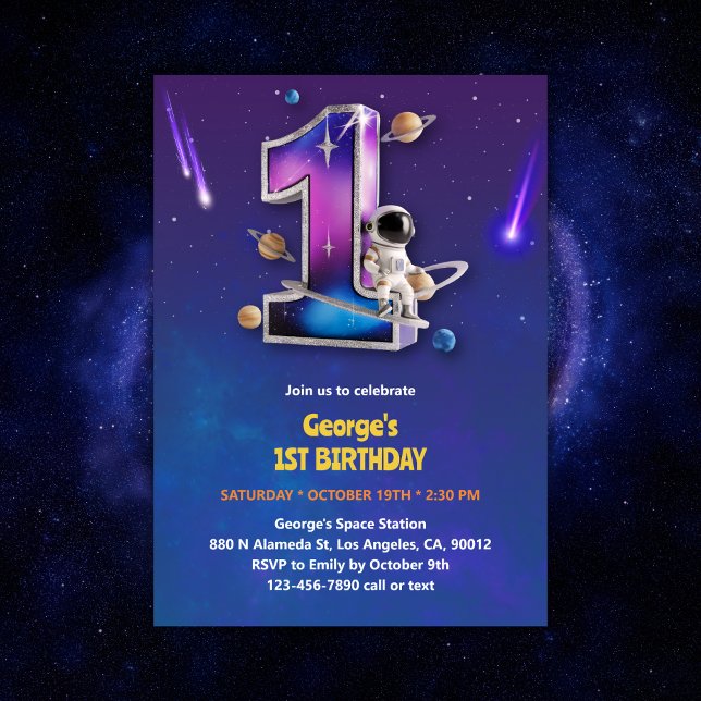 Invitation Astronaut Espace Extérieur Thématique garçon 1er a (Astronaut Outer Space Themed Boy 1st Birthday Invitation)
