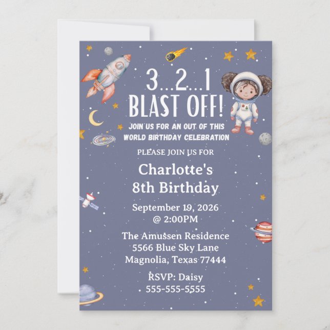 Invitation Astronaut Outer Space Girl Birthday (Devant)