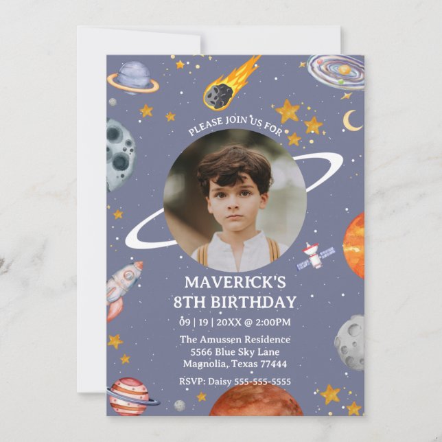 Invitation Astronaut Outer Space Kids Photo Birthday (Devant)