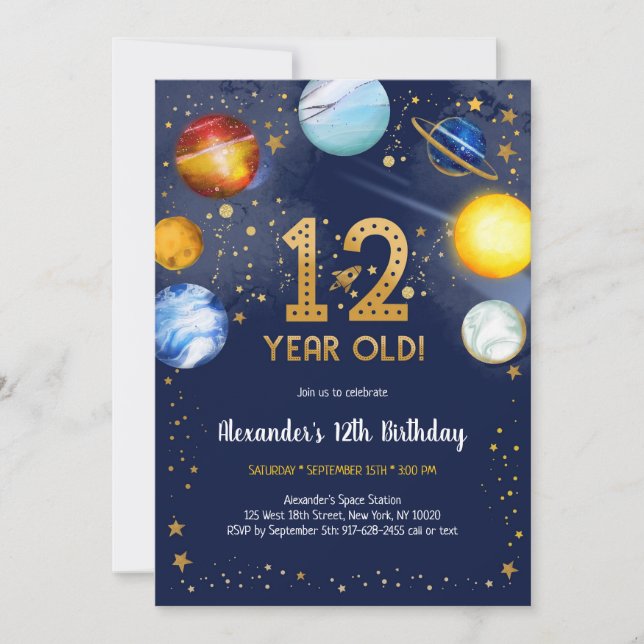 Invitation Astronaut Outer Space Planet Galaxy 12th Birthday (Devant)