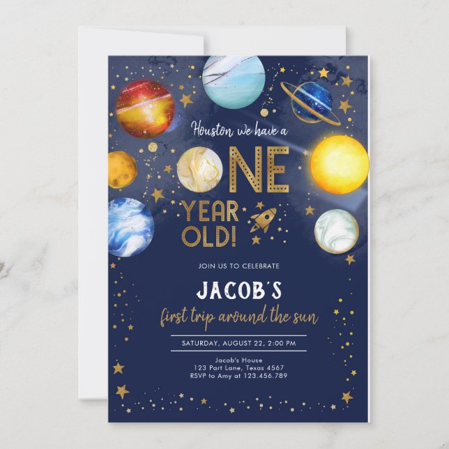 Invitation Astronaut Outer Space Planet Galaxy 1st Birthday (Devant)