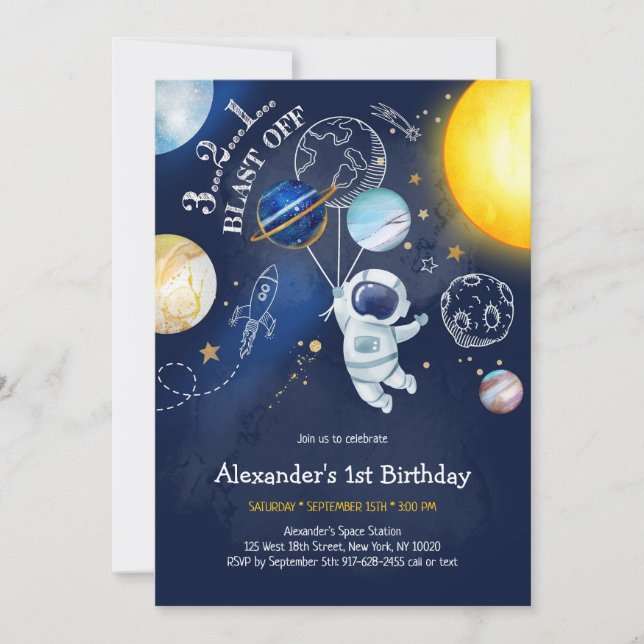 Invitation Astronaut Outer Space Planet Galaxy Birthday (Devant)