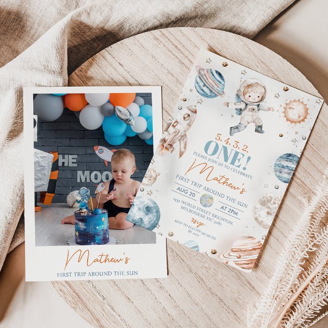 Invitation Astronaut Photo Premier Voyage Autour De L'Anniver (First Trip Around the Sun Birthday Invitation Baby Boy with Photo on the Back, Cute Astronaut Space)