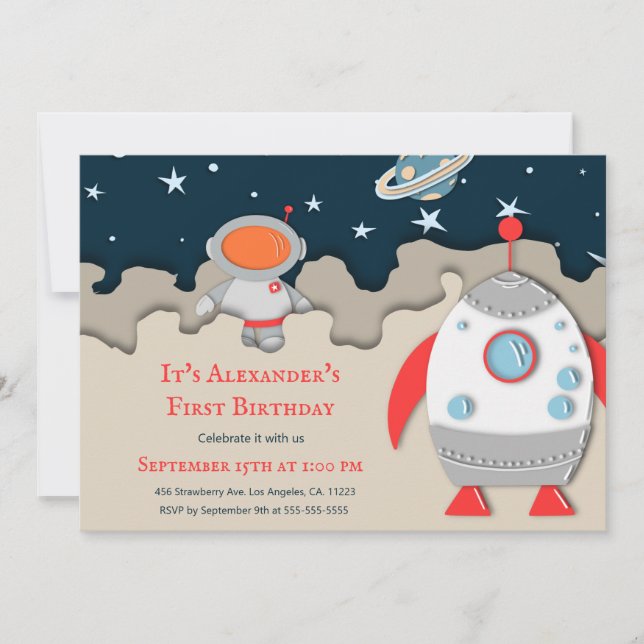 Invitation Astronaut Rocket Space 1er anniversaire (Devant)