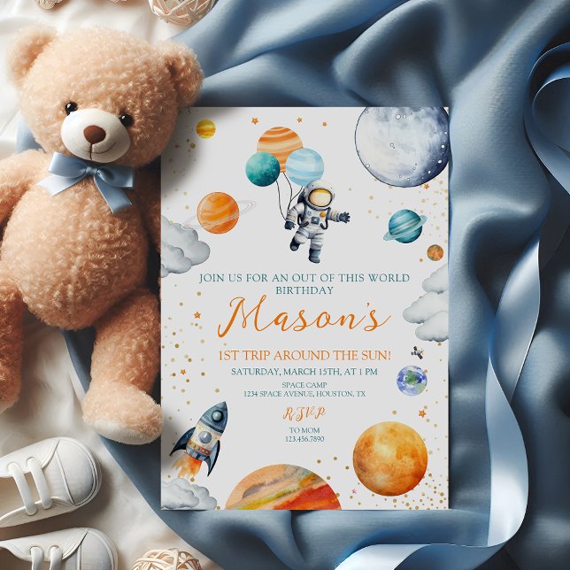 Invitation Astronaute à l'aquarelle 1er Anniversaire (Créateur téléchargé)