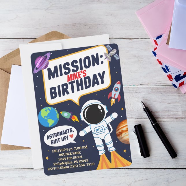 Invitation Astronaute Amusant de l'Espace, Premier Anniversai (Créateur téléchargé)